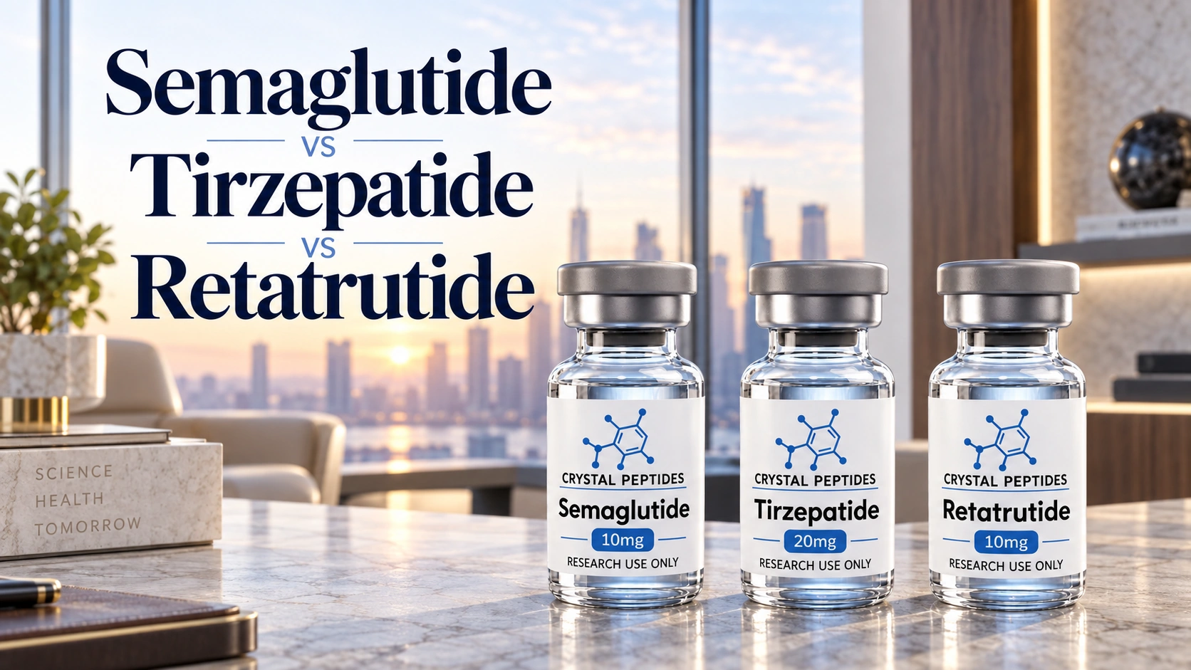 Semaglutide, Tirzepatide and Retatrutide research vials beside their embedded comparison cover title in a bright interior.