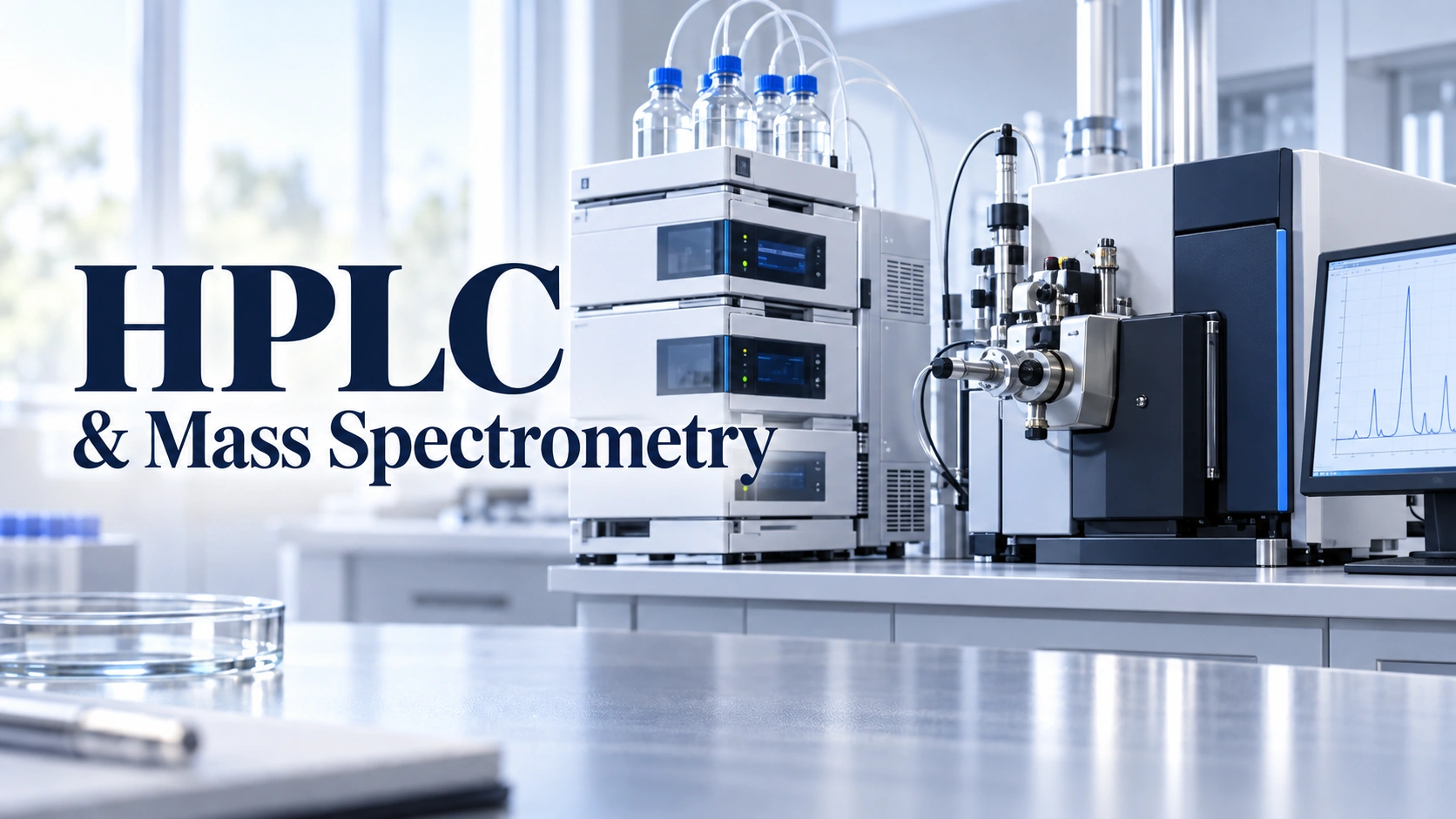 HPLC and mass spectrometry instruments beside the embedded HPLC and Mass Spectrometry cover title in a bright laboratory.