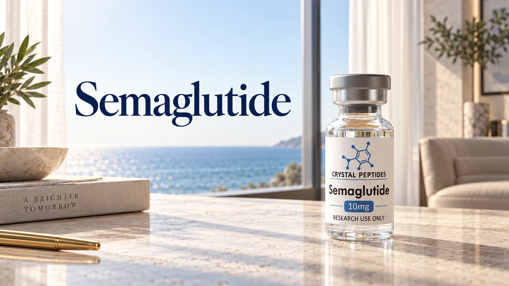 Vial de Semaglutide para investigación junto a un título de portada de Semaglutide en un interior costero luminoso.