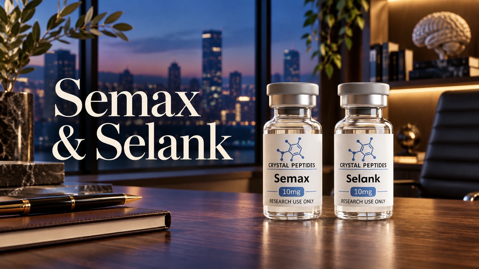 Semax and Selank research vials beside the embedded Semax and Selank cover title in a warm study interior.