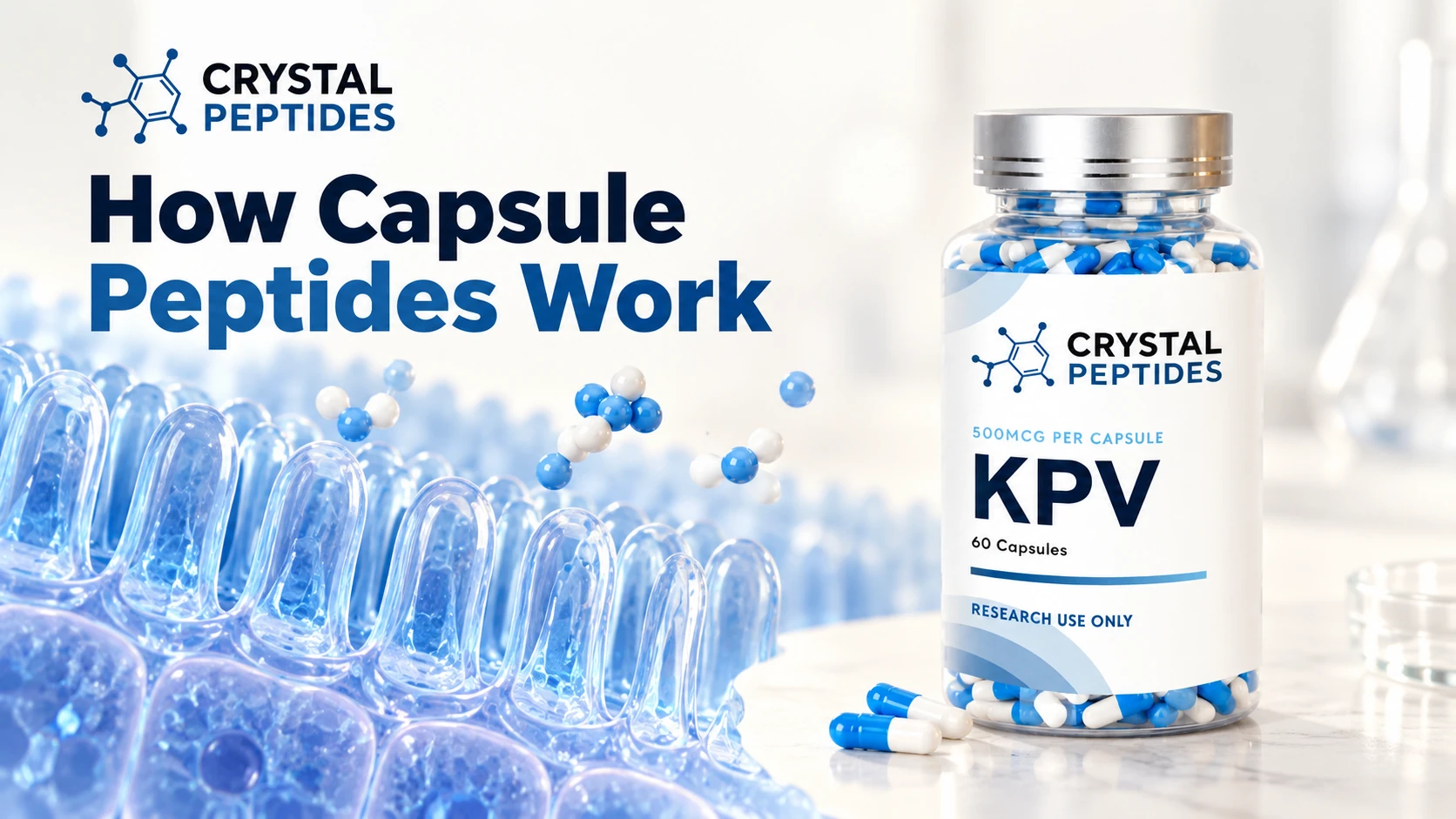 Frasco de cápsulas de KPV de Crystal Peptides junto a una ilustración conceptual de una superficie intestinal.
