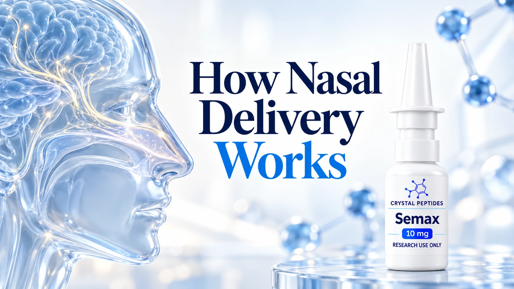 Frasco de pulverizador nasal con marca en una ilustración conceptual de la administración nasal.