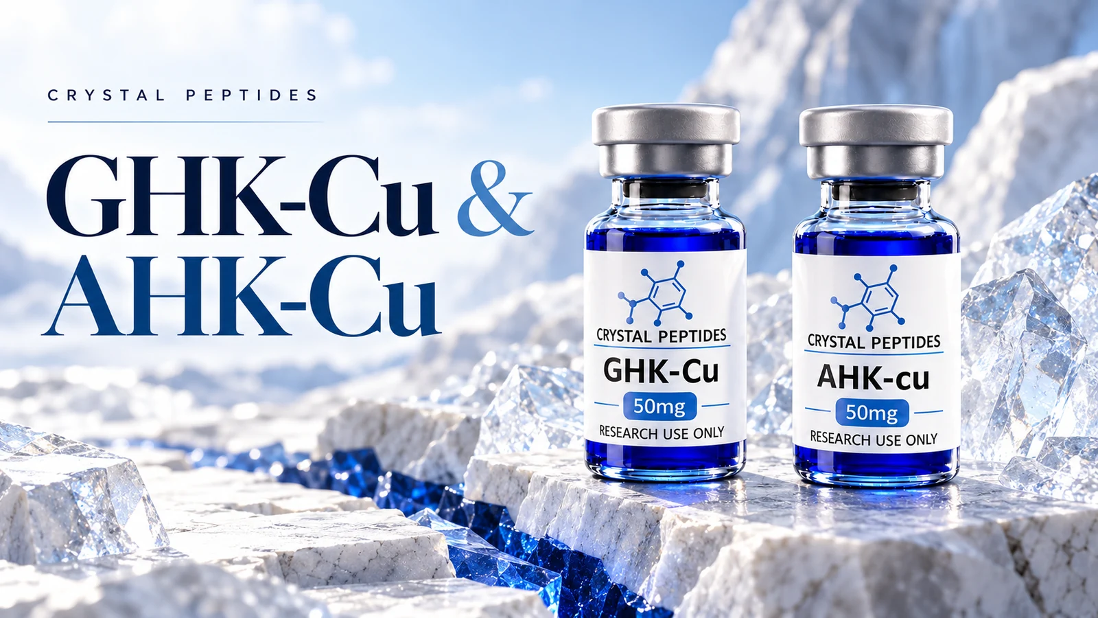 Ilustración editorial del producto: GHK-Cu / AHK-Cu — Crystal Peptides.