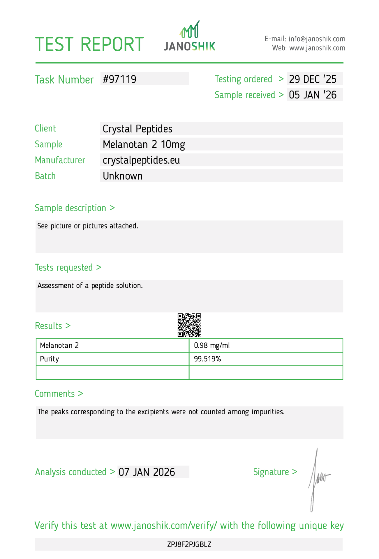 MT-2 (10mg/10ml) Purity & Identity Análisis de laboratorio